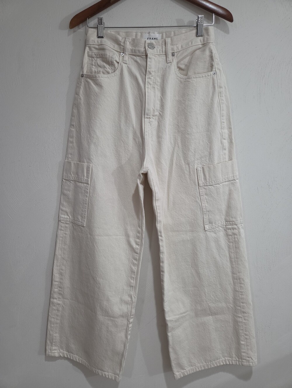 Frame High Rise Wide Leg Baggy Pocket Parchment Cream Cargo Jeans Size 27
